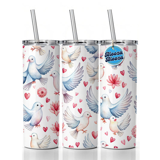 Doves Hearts Watercolor Skinny Tumbler 20oz with Straw Insulated Water Bottle Gift