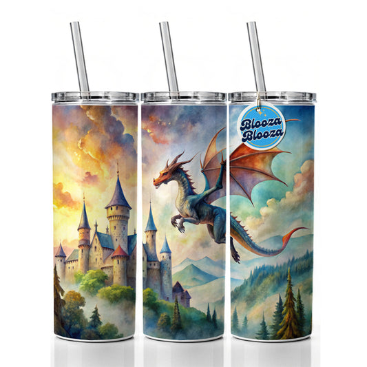 Dragon Flying Over Castle Watercolor Fantasy Skinny Tumbler 20oz with Straw Insulated Water Bottle Gift