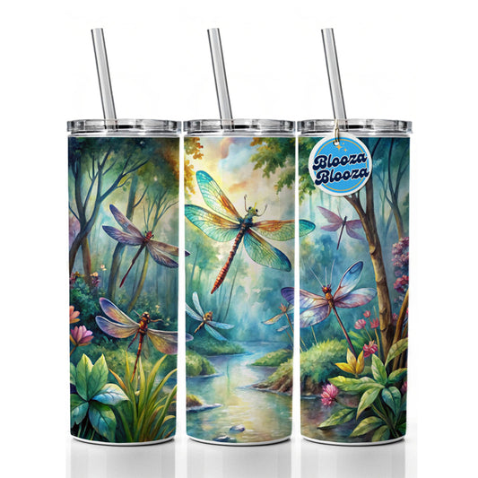 Dragonflies Forest Fantasy Watercolor Design Skinny Tumbler 20oz with Straw Insulated Water Bottle Gift