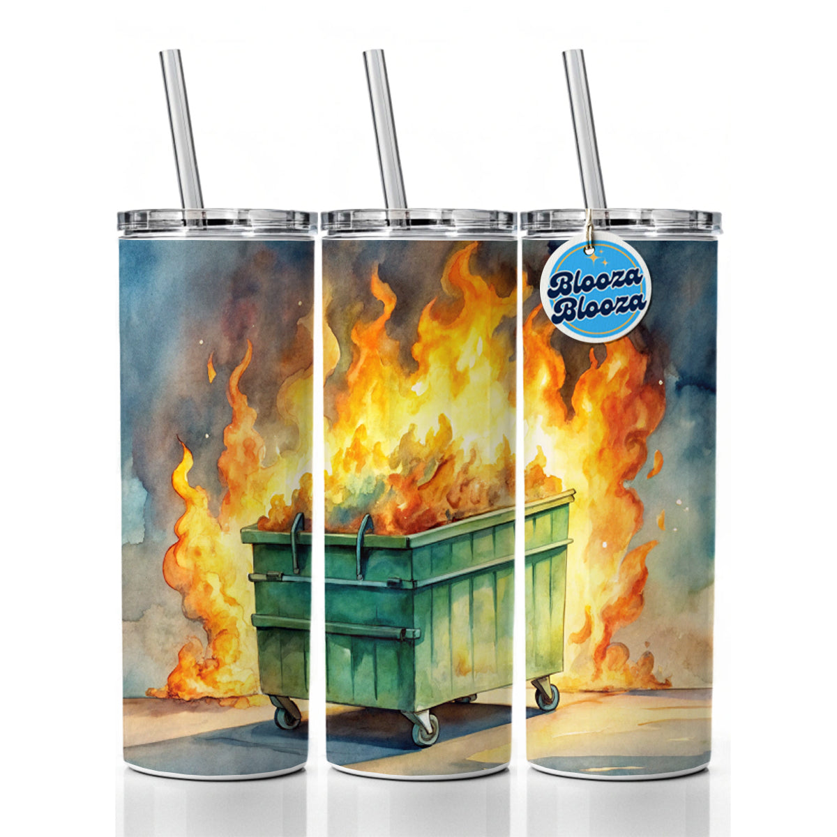 Dumpster Fire Watercolor Trash Skinny Tumbler 20oz with Straw Insulated Water Bottle Gift