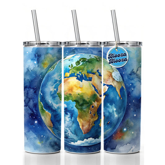 Earth Africa Asia Europe From Space Watercolor Skinny Tumbler 20oz with Straw Insulated Water Bottle Gift