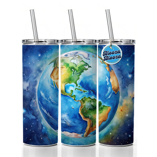 Earth North South America From Space Watercolor Skinny Tumbler 20oz with Straw Insulated Water Bottle Gift