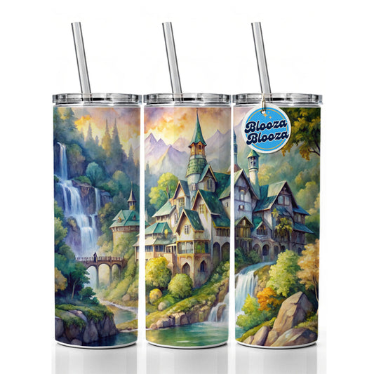 Elvish Elven Castle Fantasy Beautiful Watercolor Skinny Tumbler 20oz with Straw Insulated Water Bottle Gift
