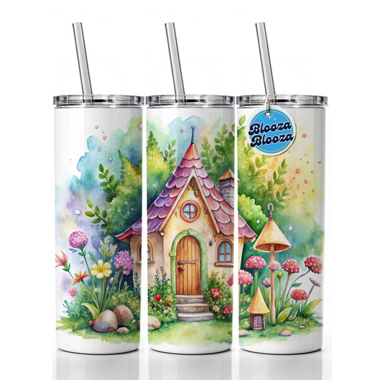 Fairy House Watercolor Adorable Skinny Tumbler 20oz with Straw Insulated Water Bottle Gift