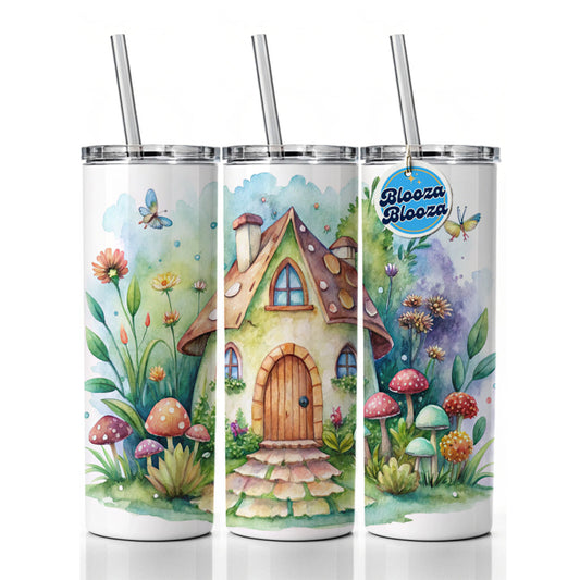 Fairy House Watercolor Skinny Tumbler 20oz with Straw Insulated Water Bottle Gift