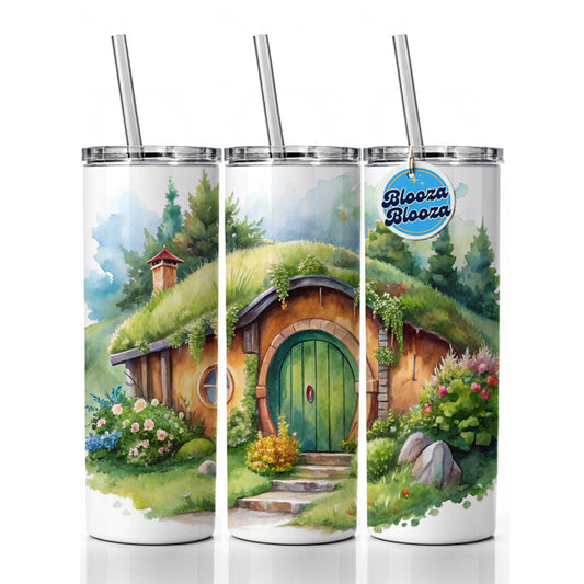 Fantasy House Grass Roof Watercolor Design Skinny Tumbler 20oz with Straw Insulated Water Bottle Gift
