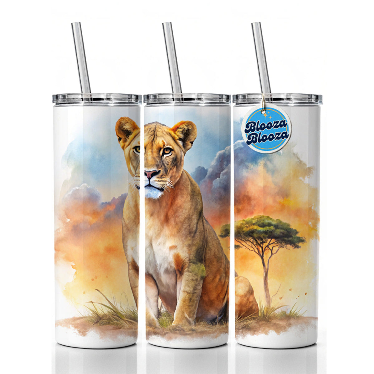 Female Lion African Plain Watercolor Design Skinny Tumbler 20oz with Straw Insulated Water Bottle Gift