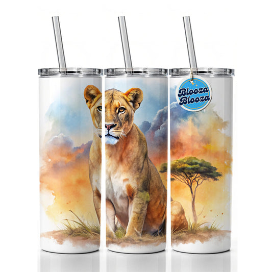 Female Lion African Plain Watercolor Design Skinny Tumbler 20oz with Straw Insulated Water Bottle Gift
