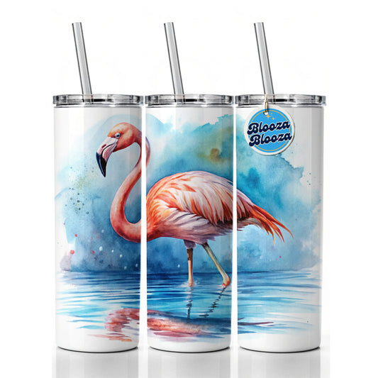Flamingo Bird In Water Watercolor Skinny Tumbler 20oz with Straw Insulated Water Bottle Gift