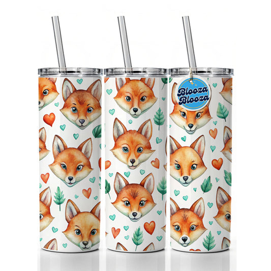 Fox Faces Hearts Watercolor Skinny Tumbler 20oz with Straw Insulated Water Bottle Gift