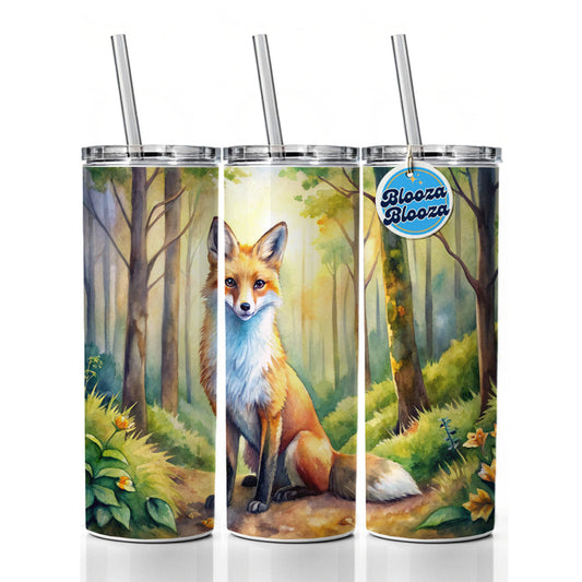 Fox Sitting In Forest Watercolor Skinny Tumbler 20oz with Straw Insulated Water Bottle Gift