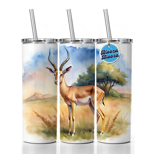 Gazelle African Plain Watercolor Design Skinny Tumbler 20oz with Straw Insulated Water Bottle Gift