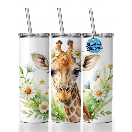 Giraffe Watercolor Design With Daisies Skinny Tumbler 20oz with Straw Insulated Water Bottle Gift