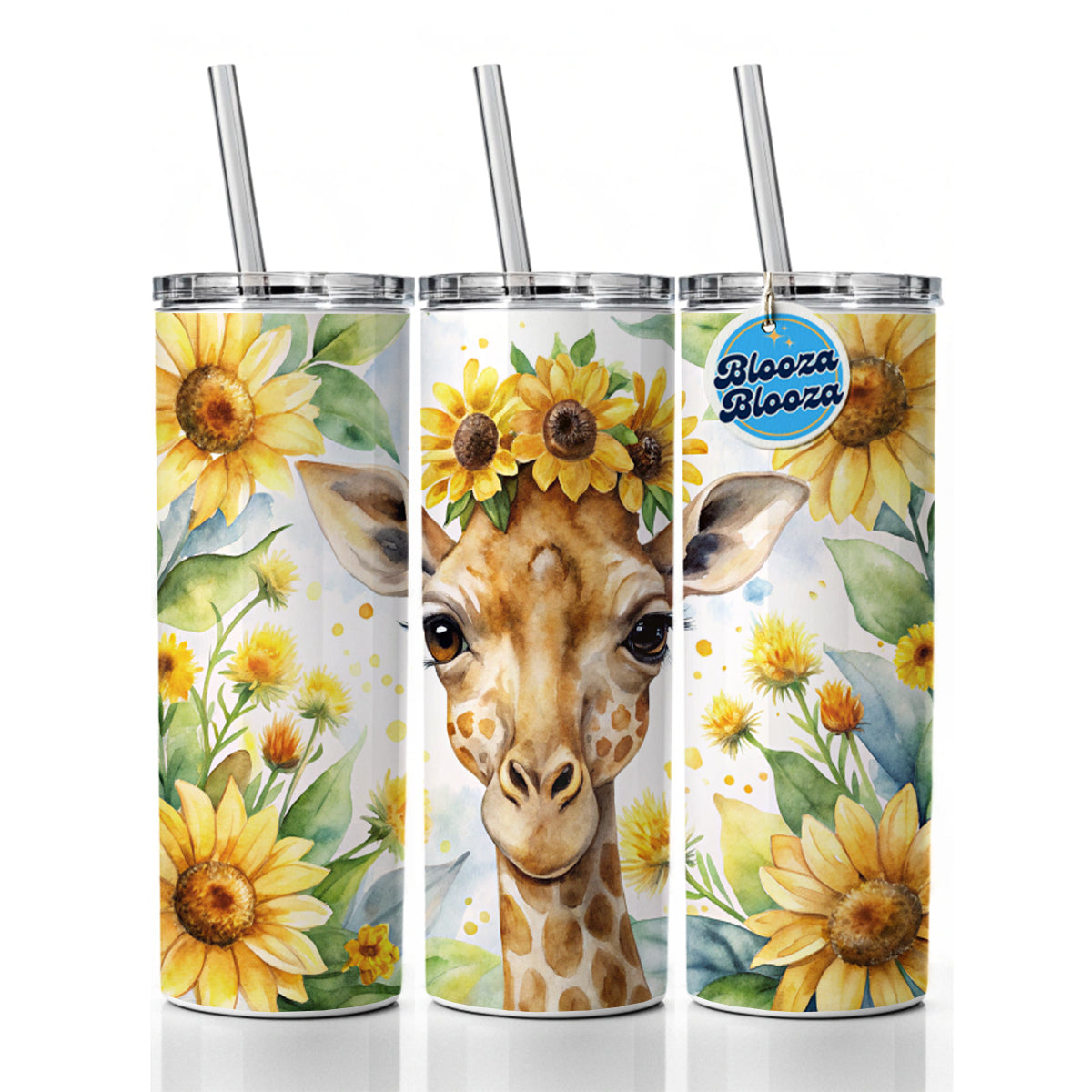 Giraffe Watercolor Design With Sunflowers Skinny Tumbler 20oz with Straw Insulated Water Bottle Gift