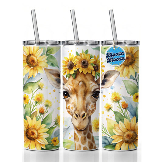 Giraffe Watercolor Design With Sunflowers Skinny Tumbler 20oz with Straw Insulated Water Bottle Gift