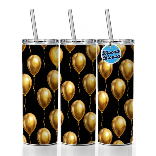 Gold Balloons Black Background Birthday Anniversary Skinny Tumbler 20oz with Straw Insulated Water Bottle Gift