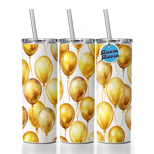 Gold Balloons Watercolor Birthday Anniversary Skinny Tumbler 20oz with Straw Insulated Water Bottle Gift