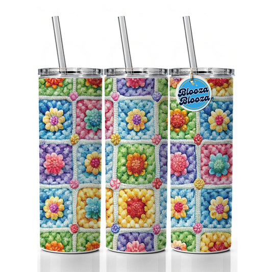 Granny Square Crochet Crocheting Pattern Watercolor Skinny Tumbler 20oz with Straw Insulated Water Bottle Gift