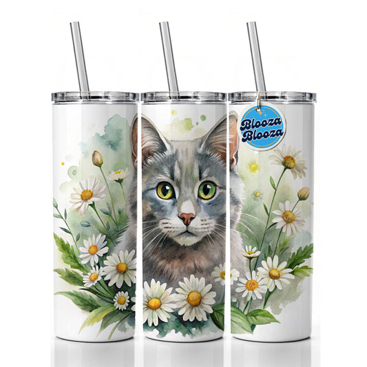 Gray Cat Watercolor Design With Daisies Skinny Tumbler 20oz with Straw Insulated Water Bottle Gift
