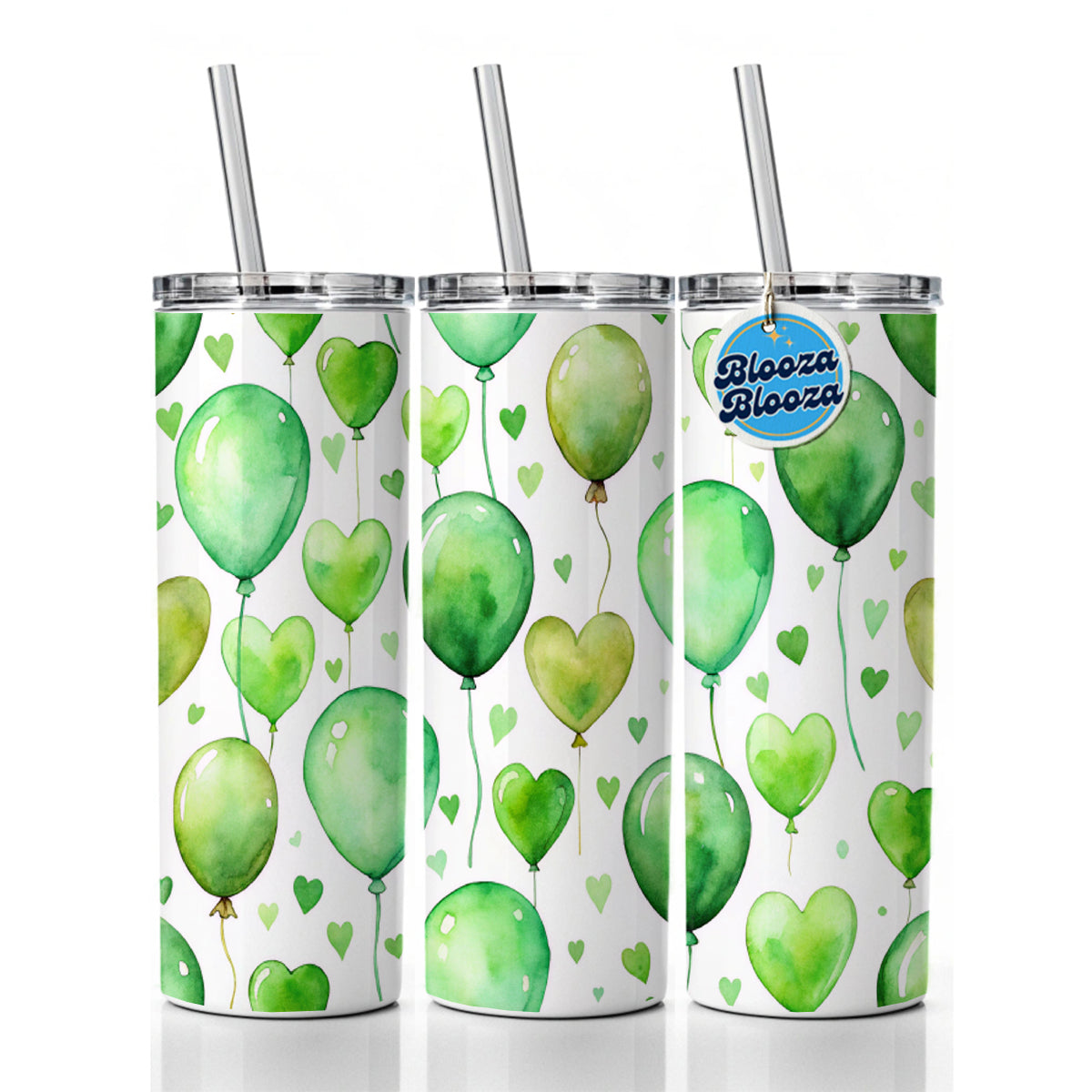 Green Balloons Hearts Watercolor Birthday Skinny Tumbler 20oz with Straw Insulated Water Bottle Gift