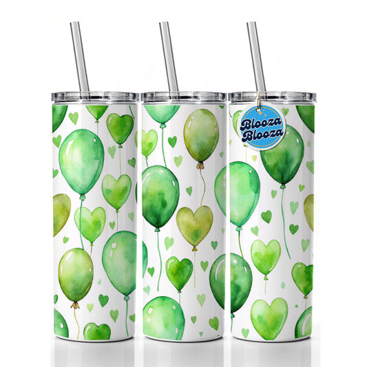 Green Balloons Hearts Watercolor Birthday Skinny Tumbler 20oz with Straw Insulated Water Bottle Gift