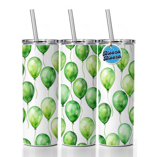 Green Balloons Watercolor Birthday Skinny Tumbler 20oz with Straw Insulated Water Bottle Gift