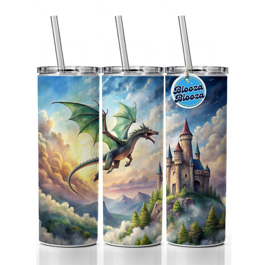 Green Dragon Flying Over Castle Watercolor Fantasy Skinny Tumbler 20oz with Straw Insulated Water Bottle Gift
