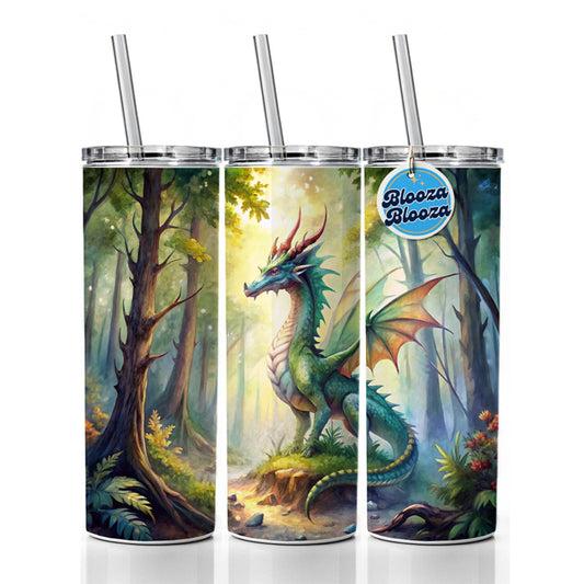 Green Dragon In Forest Watercolor Fantasy Skinny Tumbler 20oz with Straw Insulated Water Bottle Gift