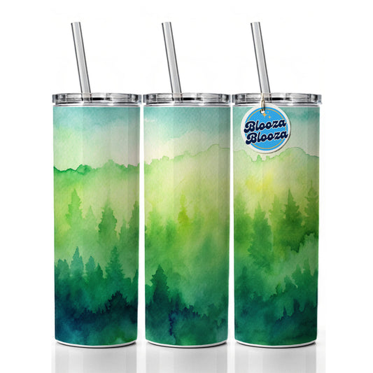 Green Forest Ombre Watercolor Skinny Tumbler 20oz with Straw Insulated Water Bottle Gift