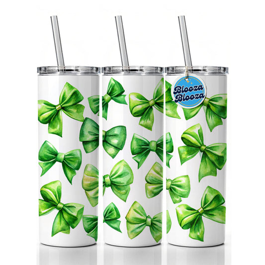 Green Scattered Coquette Bows Watercolor Skinny Tumbler 20oz with Straw Insulated Water Bottle Gift