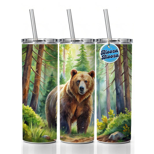 Grizzly Bear In Forest Watercolor Skinny Tumbler 20oz with Straw Insulated Water Bottle Gift