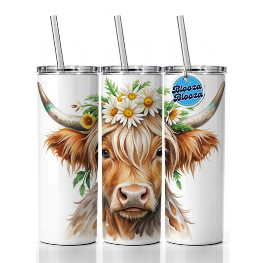 Highland Cow Watercolor Design With Daisies Skinny Tumbler 20oz with Straw Insulated Water Bottle Gift