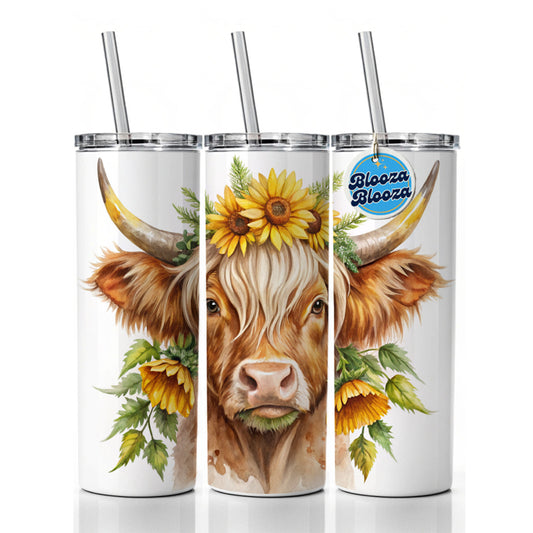 Highland Cow Watercolor Design With Sunflowers Skinny Tumbler 20oz with Straw Insulated Water Bottle Gift