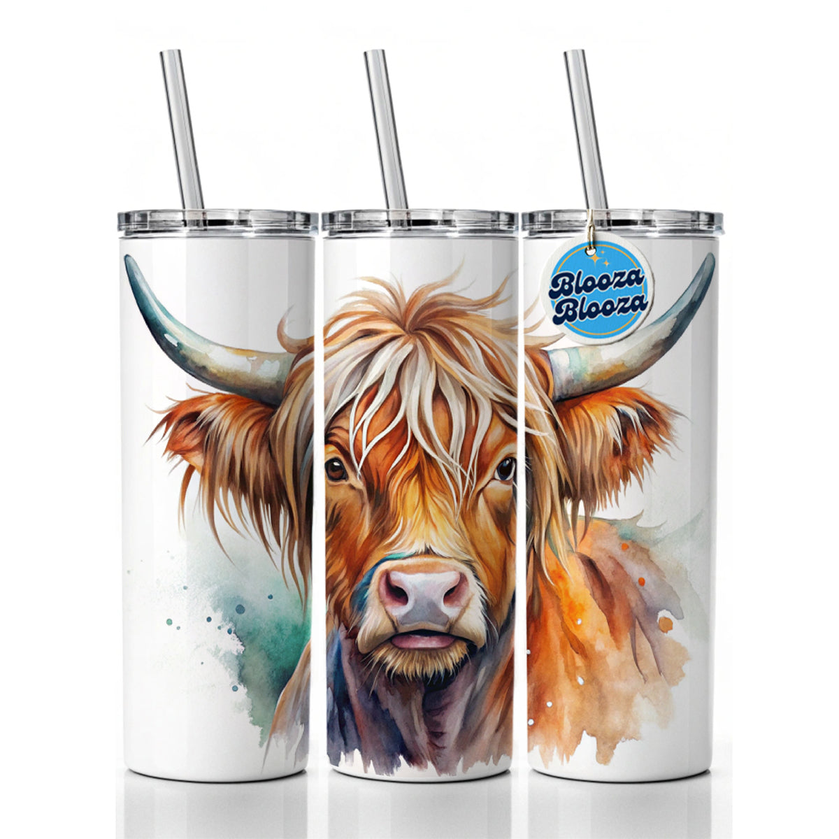 Highland Cow Watercolor Design Skinny Tumbler 20oz with Straw Insulated Water Bottle Gift
