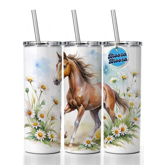 Horse Watercolor Design With Daisies Skinny Tumbler 20oz with Straw Insulated Water Bottle Gift