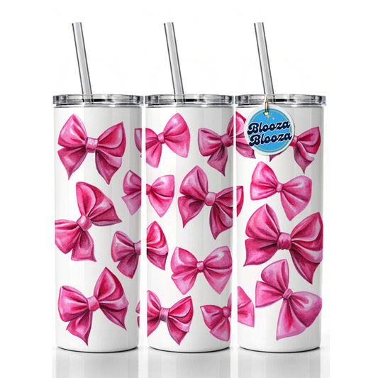 Hot Pink Scattered Coquette Bows Watercolor Skinny Tumbler 20oz with Straw Insulated Water Bottle Gift