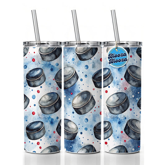 Ice Hockey Pucks Watercolor Skinny Tumbler 20oz with Straw Insulated Water Bottle Gift