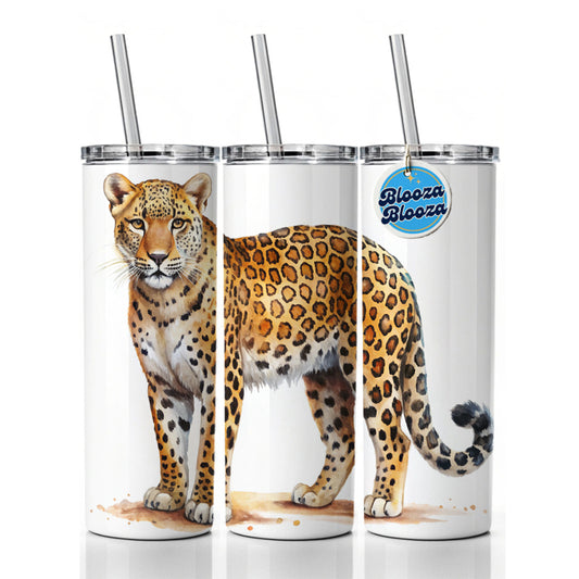 Leopard Print Watercolor Skinny Tumbler 20oz with Straw Insulated Water Bottle Gift