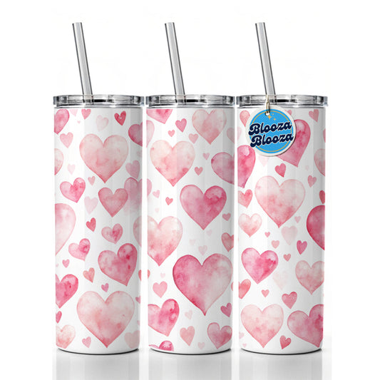Light Pink Scattered Hearts Watercolor Skinny Tumbler 20oz with Straw Insulated Water Bottle Gift