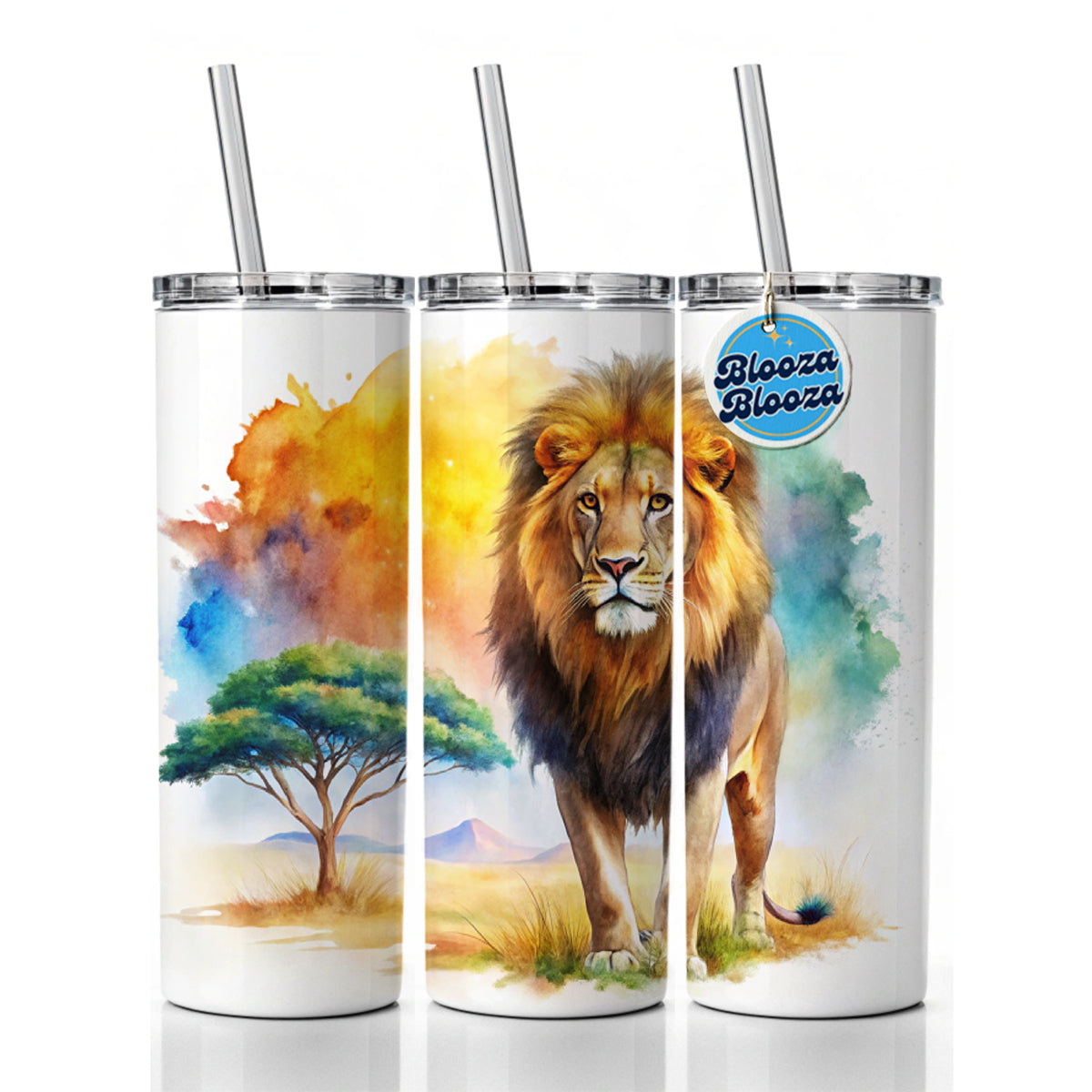Lion African Plain Beautiful Watercolor Skinny Tumbler 20oz with Straw Insulated Water Bottle Gift