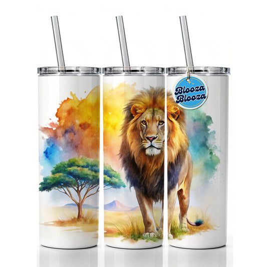 Lion African Plain Beautiful Watercolor Skinny Tumbler 20oz with Straw Insulated Water Bottle Gift