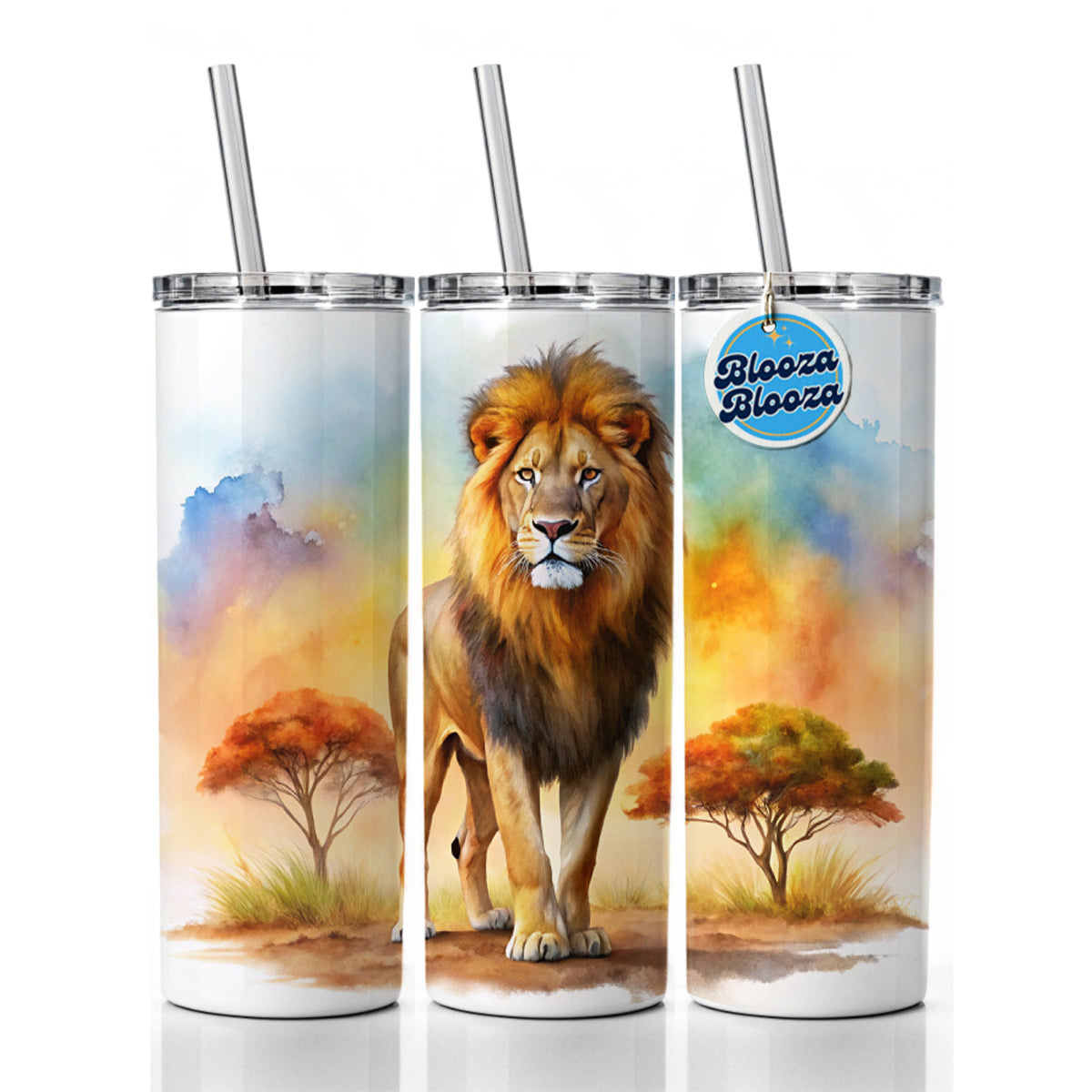 Lion African Plain Watercolor Skinny Tumbler 20oz with Straw Insulated Water Bottle Gift