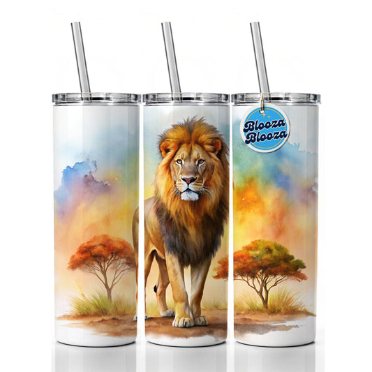 Lion African Plain Watercolor Skinny Tumbler 20oz with Straw Insulated Water Bottle Gift