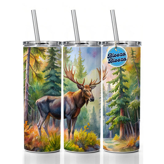 Moose In Forest Watercolor Skinny Tumbler 20oz with Straw Insulated Water Bottle Gift