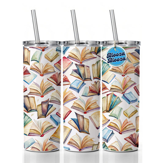 Open Books Watercolor Reader Reading Skinny Tumbler 20oz with Straw Insulated Water Bottle Gift