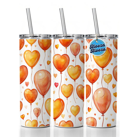 Orange Balloons Hearts Watercolor Birthday Skinny Tumbler 20oz with Straw Insulated Water Bottle Gift