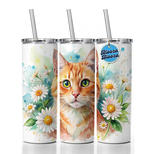 Orange Cat Watercolor Design With Daisies Skinny Tumbler 20oz with Straw Insulated Water Bottle Gift