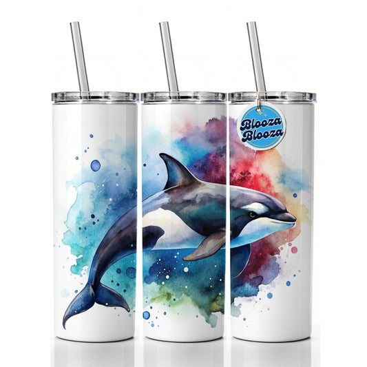 Orca Whale Colorful Watercolor Design Skinny Tumbler 20oz with Straw Insulated Water Bottle Gift
