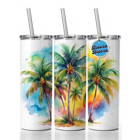 Palm Trees Tropical Watercolor Design Skinny Tumbler 20oz with Straw Insulated Water Bottle Gift