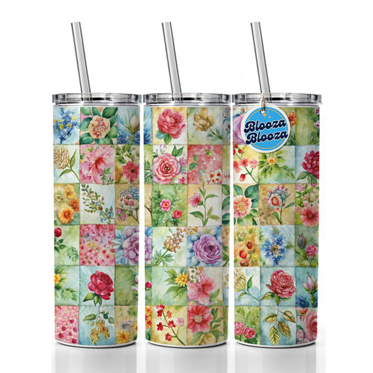 Patchwork Floral Quilt Quilter Sewing Watercolor Skinny Tumbler 20oz with Straw Insulated Water Bottle Gift